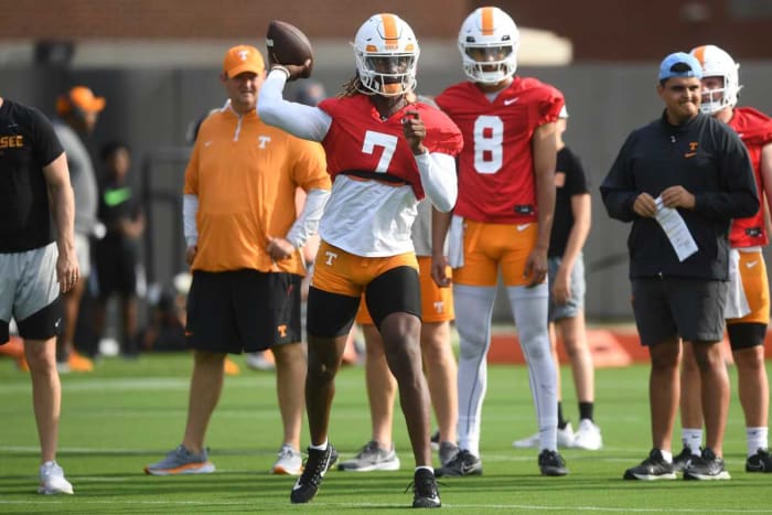 Tennessee QB Joe Milton III during fall camp in Knoxville, Tennessee, on August 2, 2023. (Photo by Caitie McMekin of the News Sentinel)